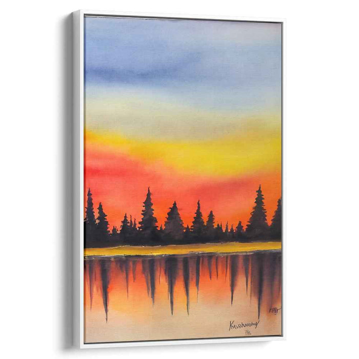 Dusk Among Pine Shadows: Watercolor Sunset and Silhouetted Pines Canvas Art
