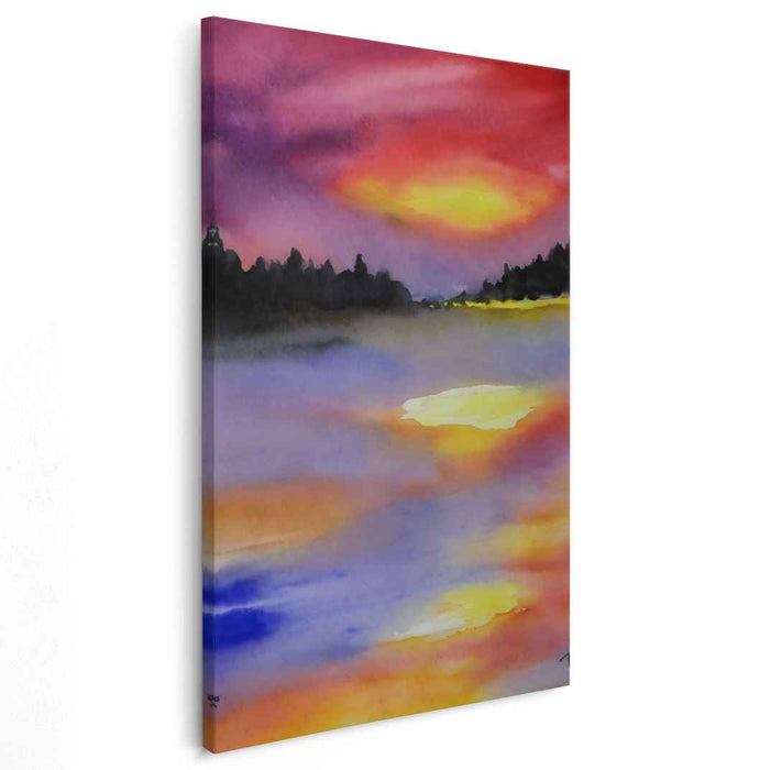 Liquid Melodies in Twilight: Watercolor Symphony of Sunset and Reflection