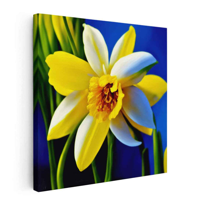 Royal Blooms: Daffodil Delight Against Royal Blue Canvas Art Print