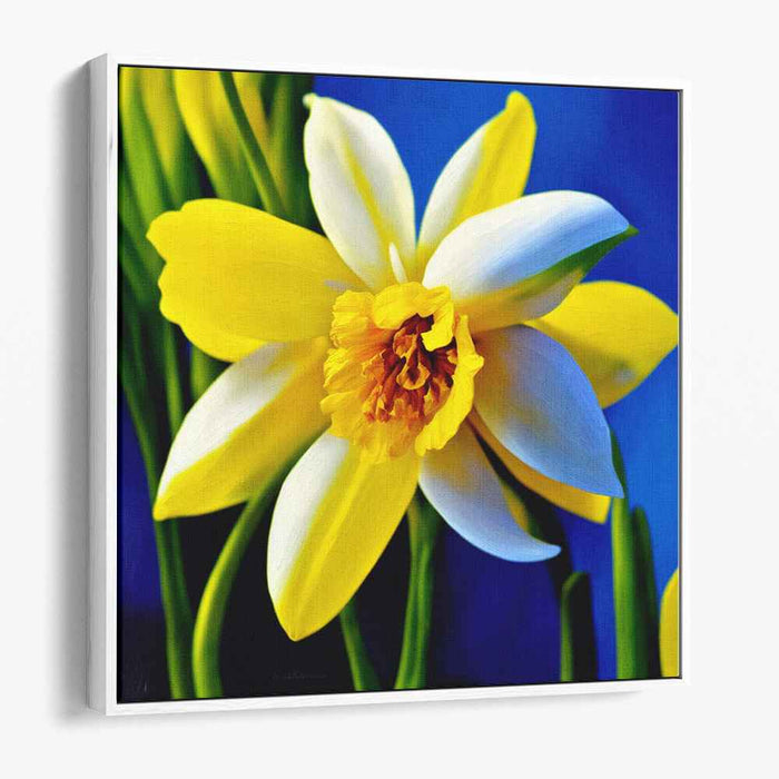 Royal Blooms: Daffodil Delight Against Royal Blue Canvas Art Print