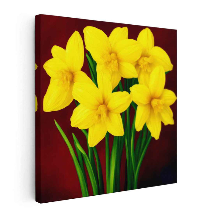 Sunny Petals of Passion: Luminous Yellow Daffodils on Crimson Canvas Art