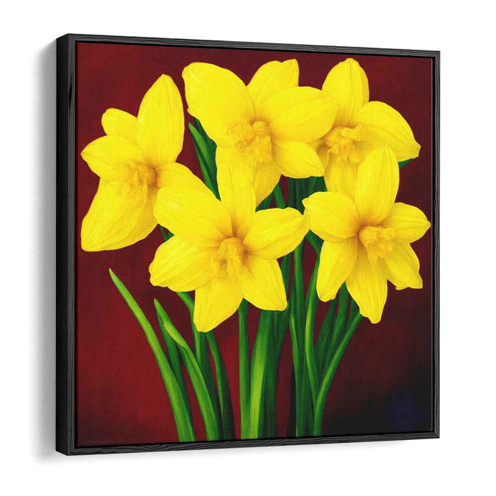 Sunny Petals of Passion: Luminous Yellow Daffodils on Crimson Canvas Art