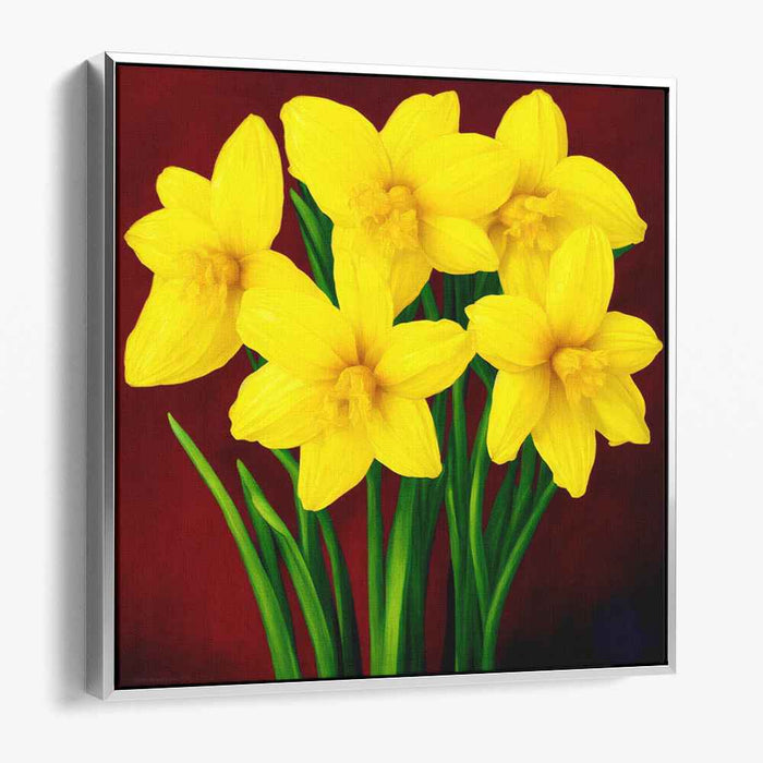 Sunny Petals of Passion: Luminous Yellow Daffodils on Crimson Canvas Art