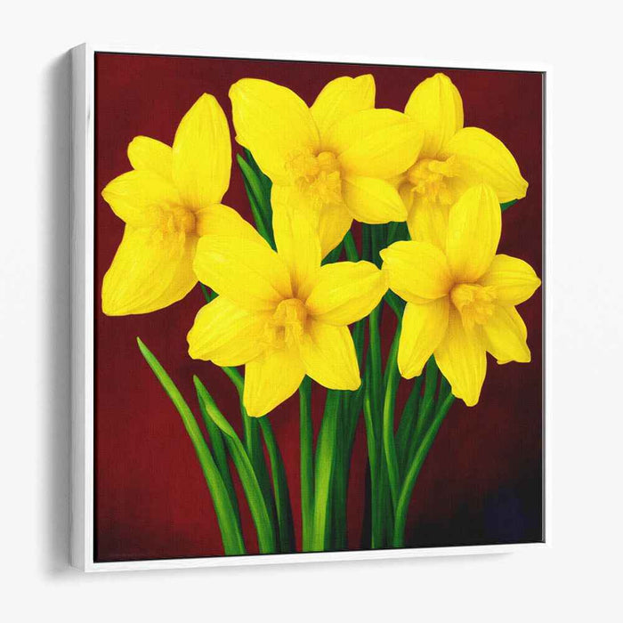 Sunny Petals of Passion: Luminous Yellow Daffodils on Crimson Canvas Art