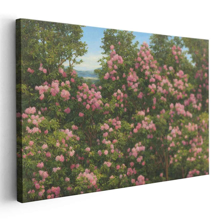 Misty Blossom Haven: Verdant Landscape with Pink Blooms Canvas Art Print