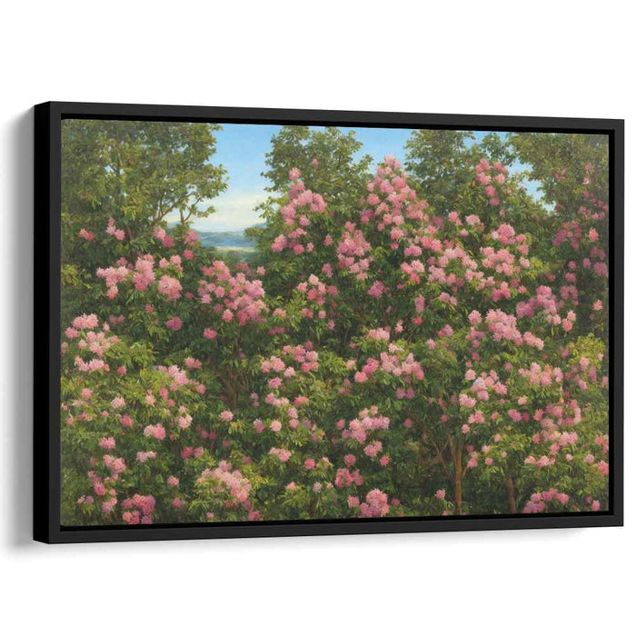 Misty Blossom Haven: Verdant Landscape with Pink Blooms Canvas Art Print