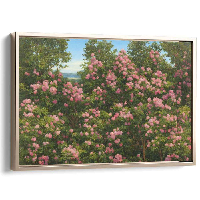 Misty Blossom Haven: Verdant Landscape with Pink Blooms Canvas Art Print