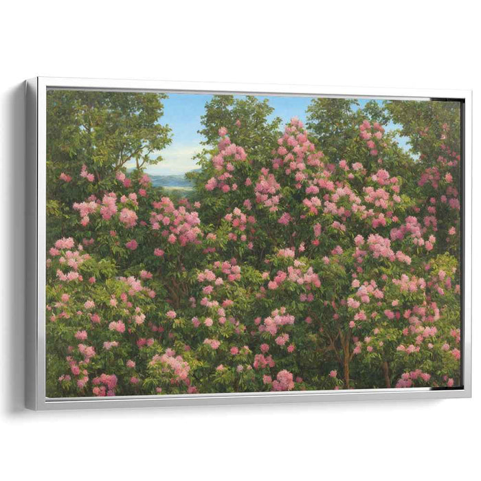 Misty Blossom Haven: Verdant Landscape with Pink Blooms Canvas Art Print