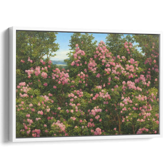 Misty Blossom Haven: Verdant Landscape with Pink Blooms Canvas Art Print