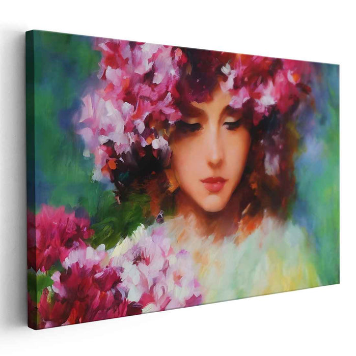 Petals of Her Gaze: Impressionist Portrait of a Woman in Floral Bliss