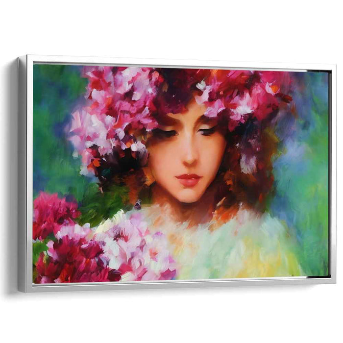 Petals of Her Gaze: Impressionist Portrait of a Woman in Floral Bliss