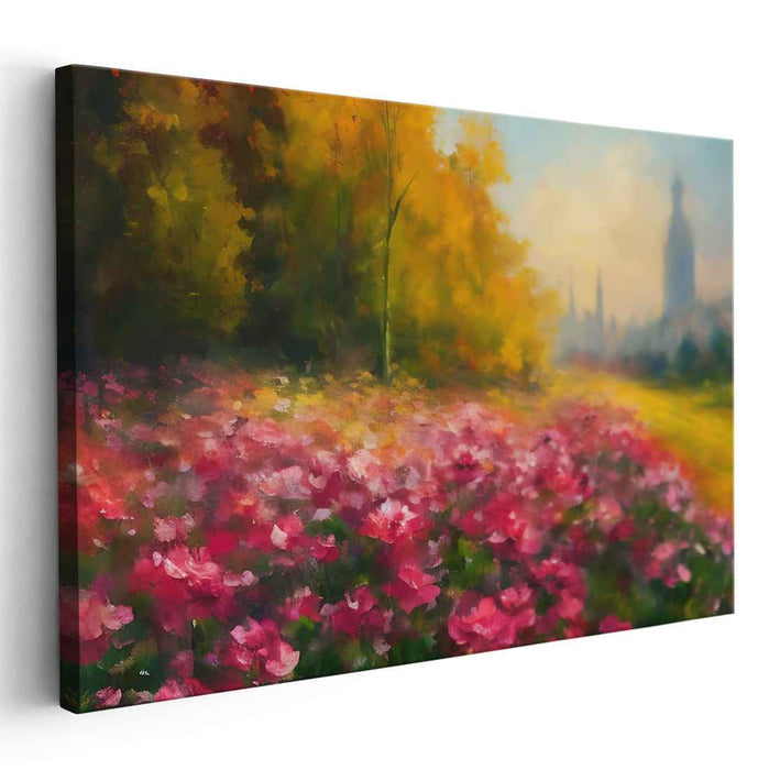Enchanted Urban Oasis: Lush Garden and Misty Cityscape Canvas Art