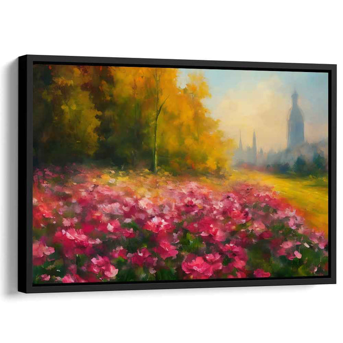 Enchanted Urban Oasis: Lush Garden and Misty Cityscape Canvas Art