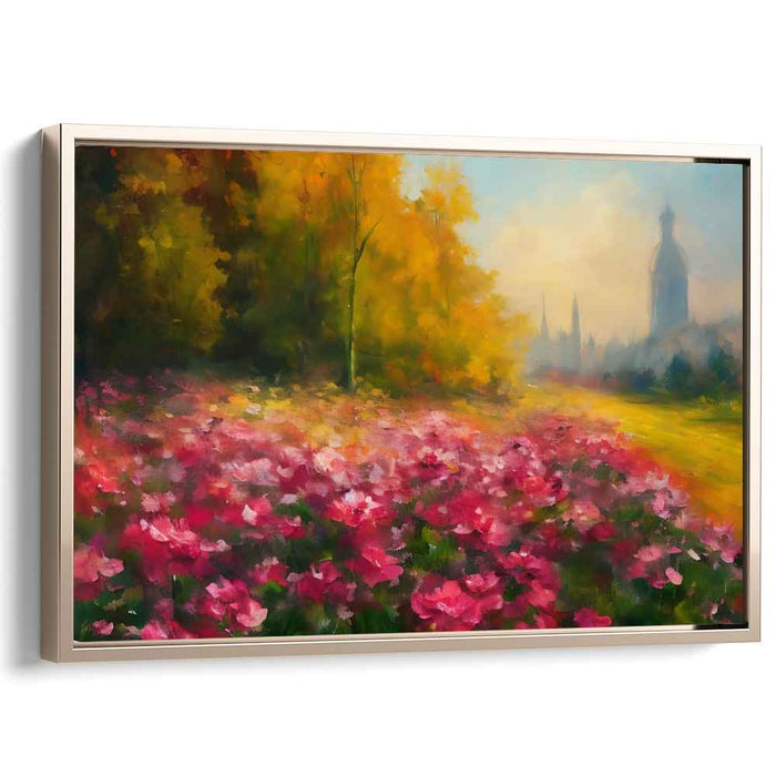 Enchanted Urban Oasis: Lush Garden and Misty Cityscape Canvas Art
