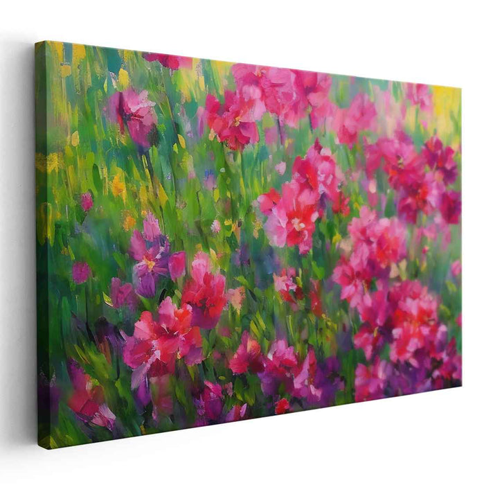 Meadow's Blush: Lush Pink Flowers in Sunlit Meadow Canvas Art Print
