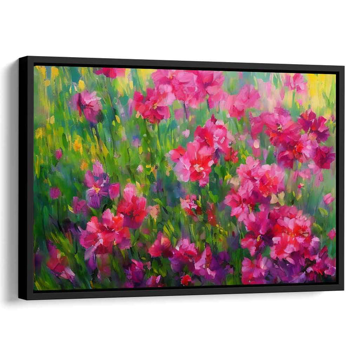 Meadow's Blush: Lush Pink Flowers in Sunlit Meadow Canvas Art Print