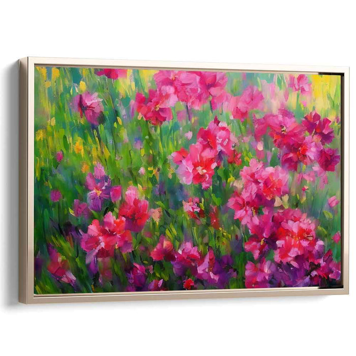 Meadow's Blush: Lush Pink Flowers in Sunlit Meadow Canvas Art Print