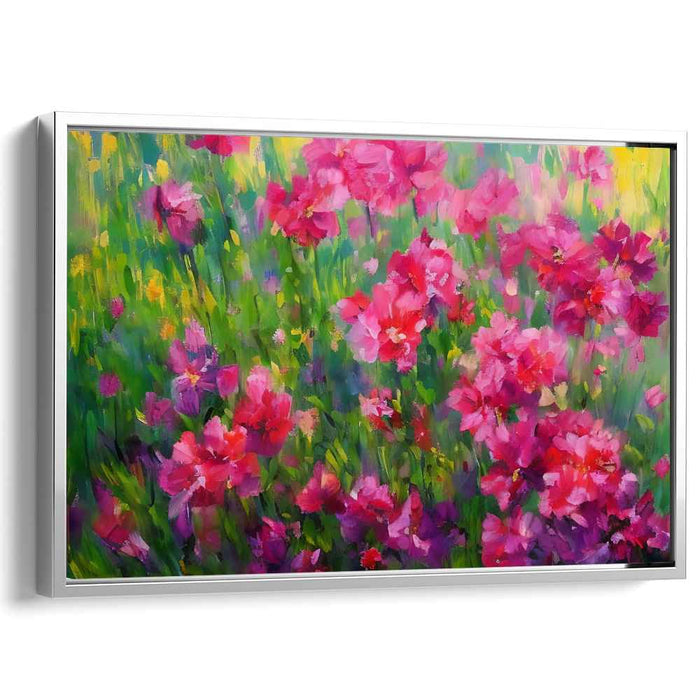 Meadow's Blush: Lush Pink Flowers in Sunlit Meadow Canvas Art Print