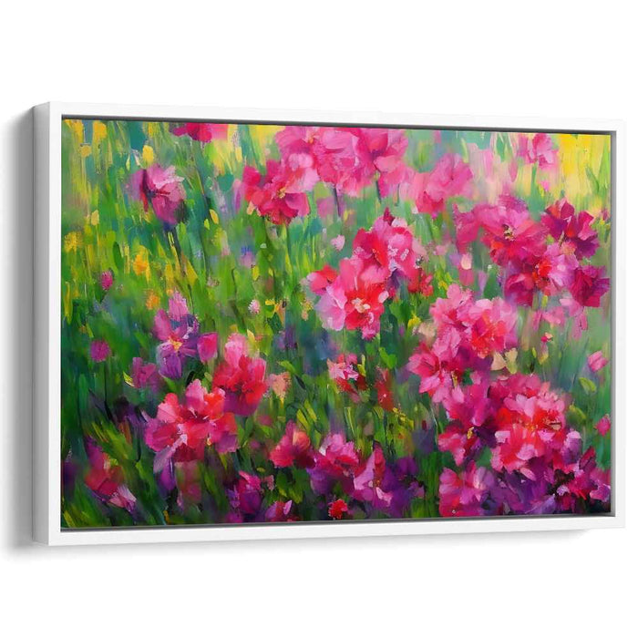 Meadow's Blush: Lush Pink Flowers in Sunlit Meadow Canvas Art Print