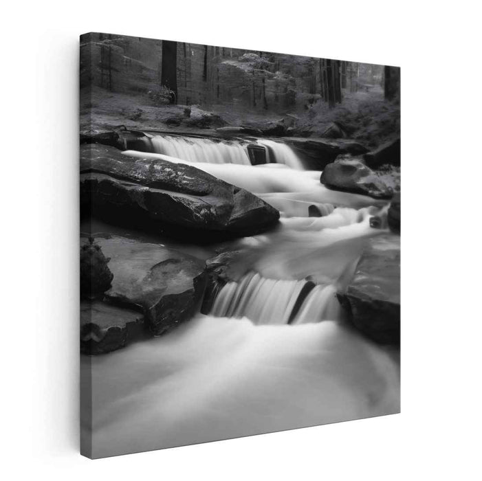 Timeless Cascade: Black and White Waterfall in Serene Forest Canvas Art Print