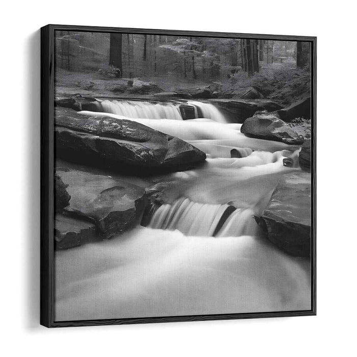 Timeless Cascade: Black and White Waterfall in Serene Forest Canvas Art Print