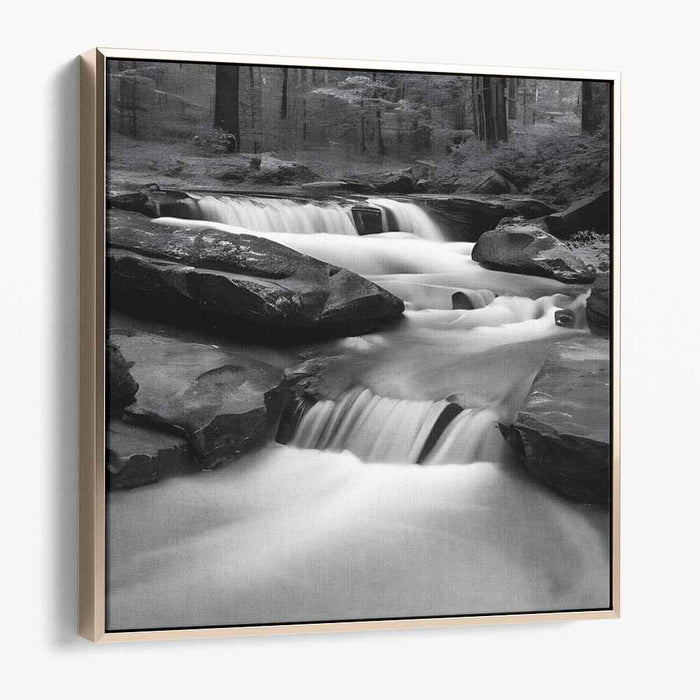 Timeless Cascade: Black and White Waterfall in Serene Forest Canvas Art Print
