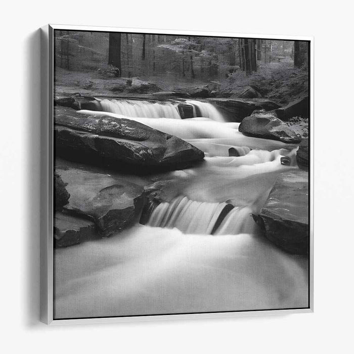 Timeless Cascade: Black and White Waterfall in Serene Forest Canvas Art Print