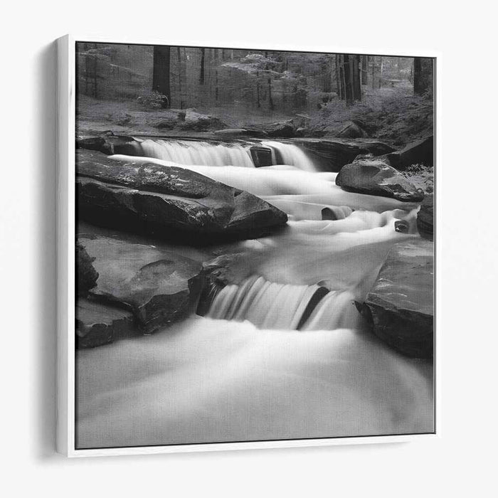Timeless Cascade: Black and White Waterfall in Serene Forest Canvas Art Print
