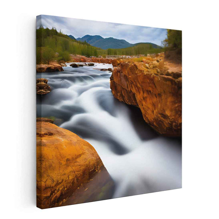 Ripple Dance Among Stone Giants: Serene River Flowing Through Rugged Terrain