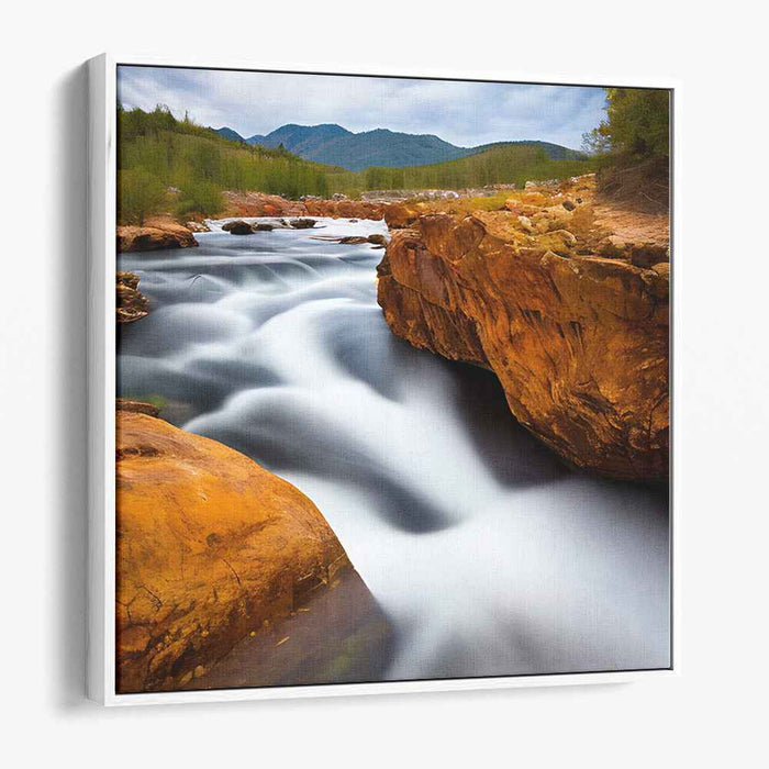 Ripple Dance Among Stone Giants: Serene River Flowing Through Rugged Terrain