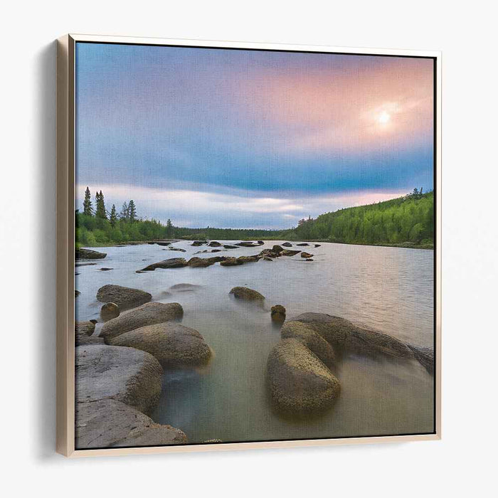 Tranquil Waterfront Vista: Serene Riverside Landscape Canvas Art Print