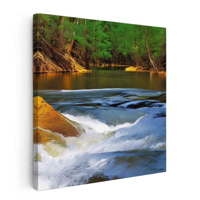 Verdant Waterside Oasis: Lush Riverside Landscape Canvas Art
