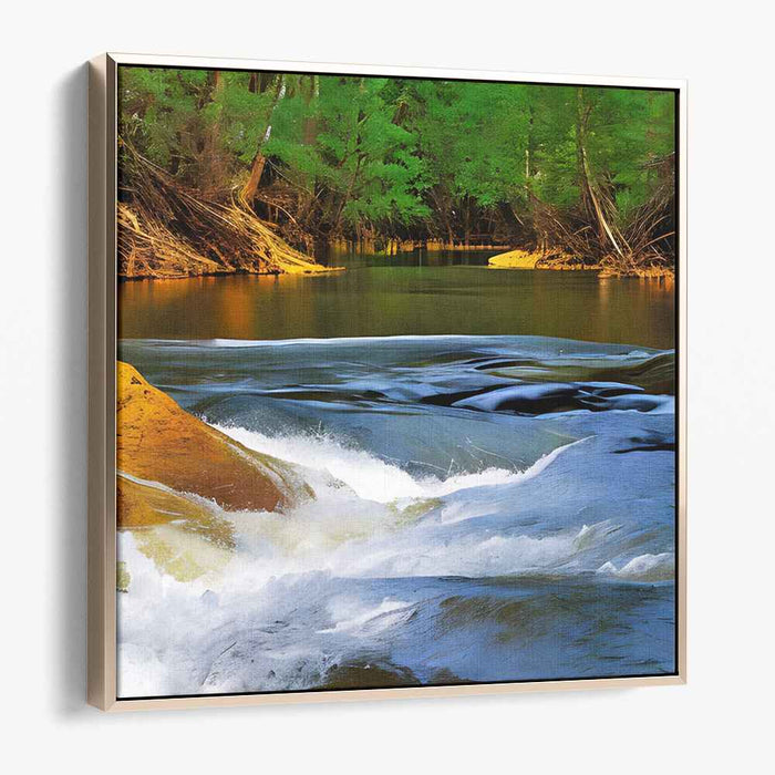Verdant Waterside Oasis: Lush Riverside Landscape Canvas Art