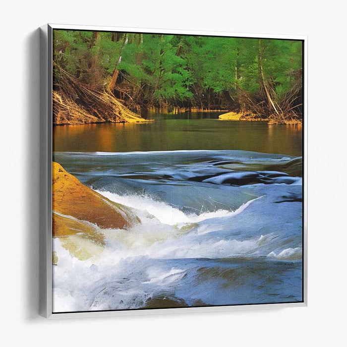 Verdant Waterside Oasis: Lush Riverside Landscape Canvas Art