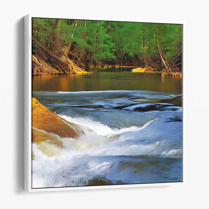 Verdant Waterside Oasis: Lush Riverside Landscape Canvas Art