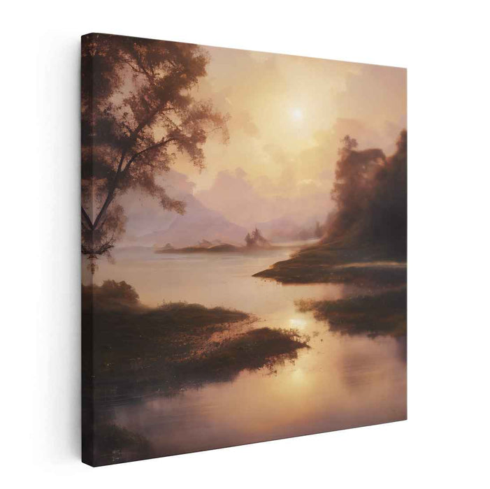 Misty Dawn Reflections Dance: Serene River Landscape at Sunrise