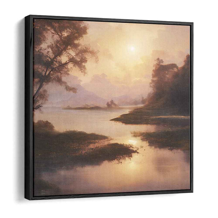 Misty Dawn Reflections Dance: Serene River Landscape at Sunrise