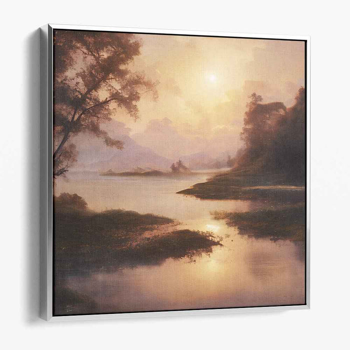Misty Dawn Reflections Dance: Serene River Landscape at Sunrise