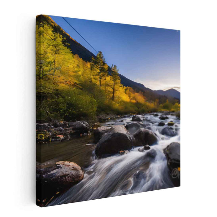 Mystic Glade Melody: Golden Forest and Flowing River Landscape Canvas Art