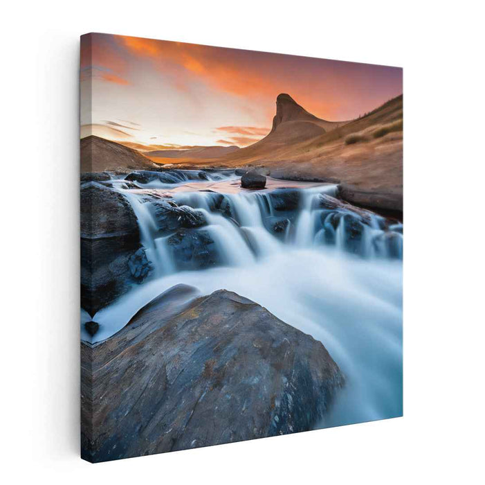 Waterfall Illusion: Majestic Waterfall and Mountain Landscape Canvas Art Print