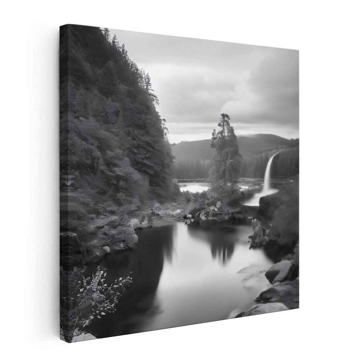 Ink Cascade Symphony: Black and White Waterfall Landscape Photography
