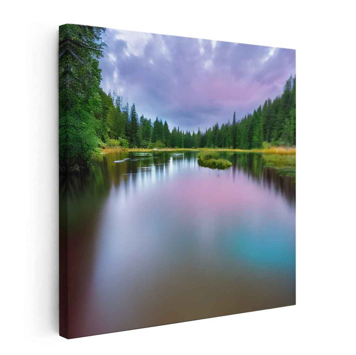 Serenity Shoreline Retreat: Serene Forest Lake Landscape Canvas Art Print