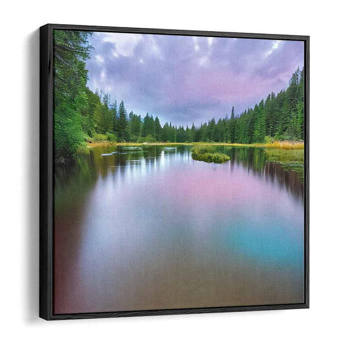 Serenity Shoreline Retreat: Serene Forest Lake Landscape Canvas Art Print