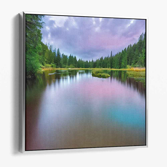Serenity Shoreline Retreat: Serene Forest Lake Landscape Canvas Art Print