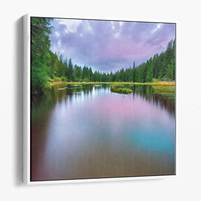 Serenity Shoreline Retreat: Serene Forest Lake Landscape Canvas Art Print