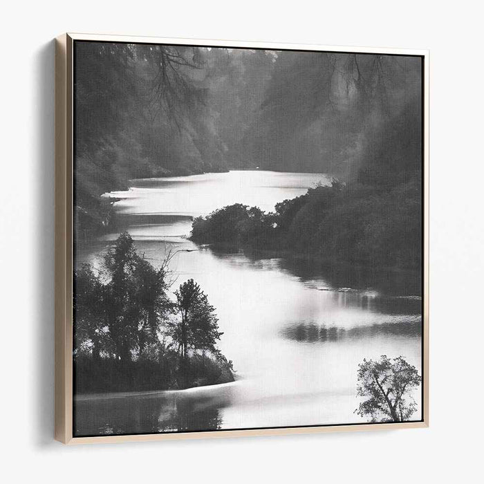 Slate Waterside Serenity: Monochromatic River Landscape Canvas Art Print