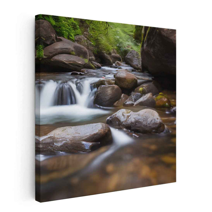 Emerald Canopy Symphony: Lush Forest Stream Canvas Art Print