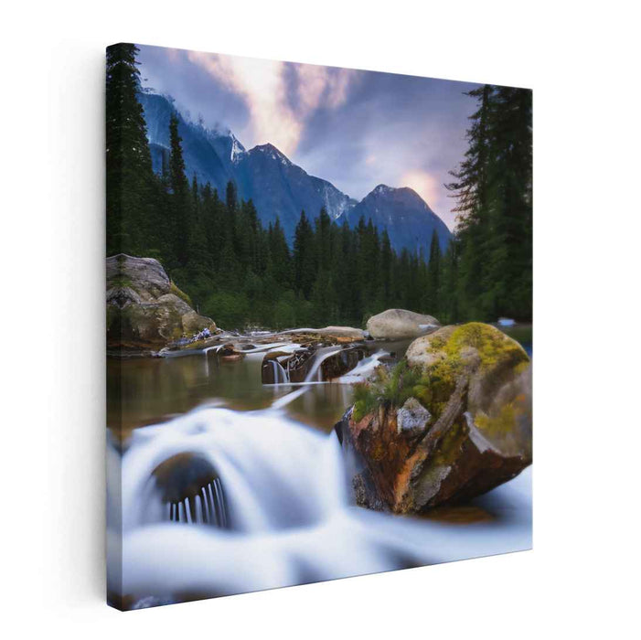 Sunset Cascades: Serenity's Embrace: Serene Forest Waterfall at Sunset Canvas Art Print