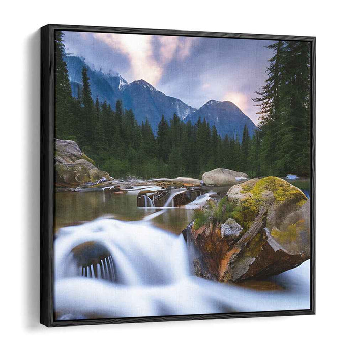 Sunset Cascades: Serenity's Embrace: Serene Forest Waterfall at Sunset Canvas Art Print