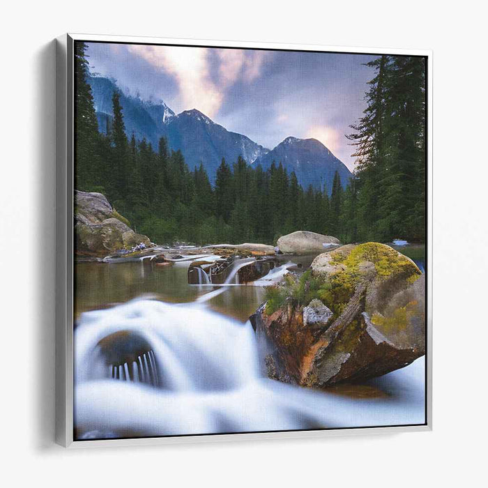Sunset Cascades: Serenity's Embrace: Serene Forest Waterfall at Sunset Canvas Art Print